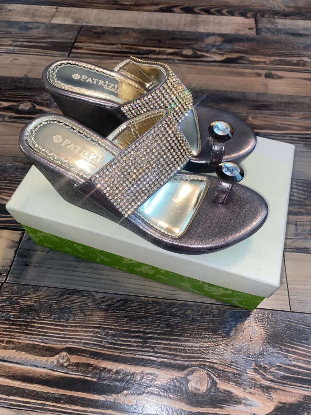 Spring Step Metallic Pewter Wedge Sandals with Rhinestone Crystal Strap